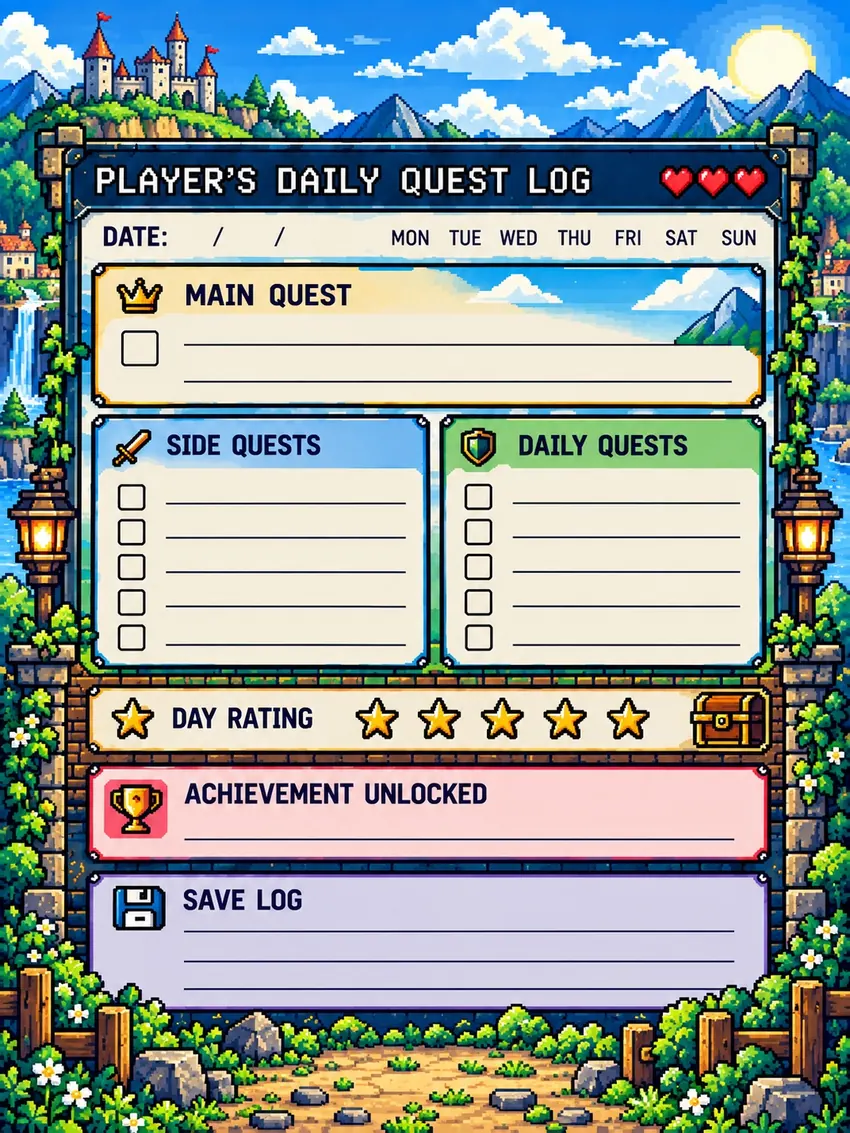 Example daily planning page for Pixel Quest Edition